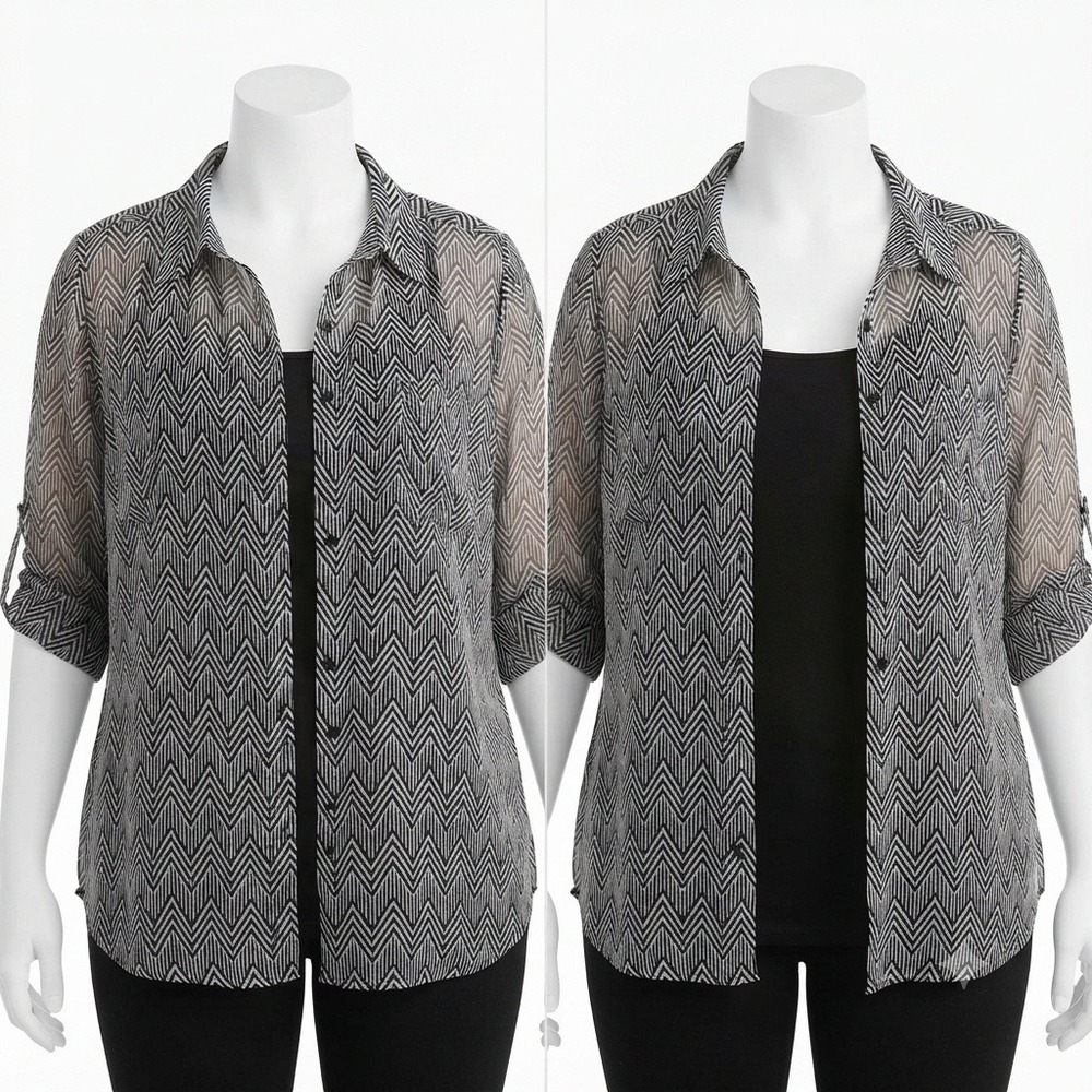 Torrid Blouse Womens Plus Size 2 Black White Chevron Geometric Button Tab Sleeve